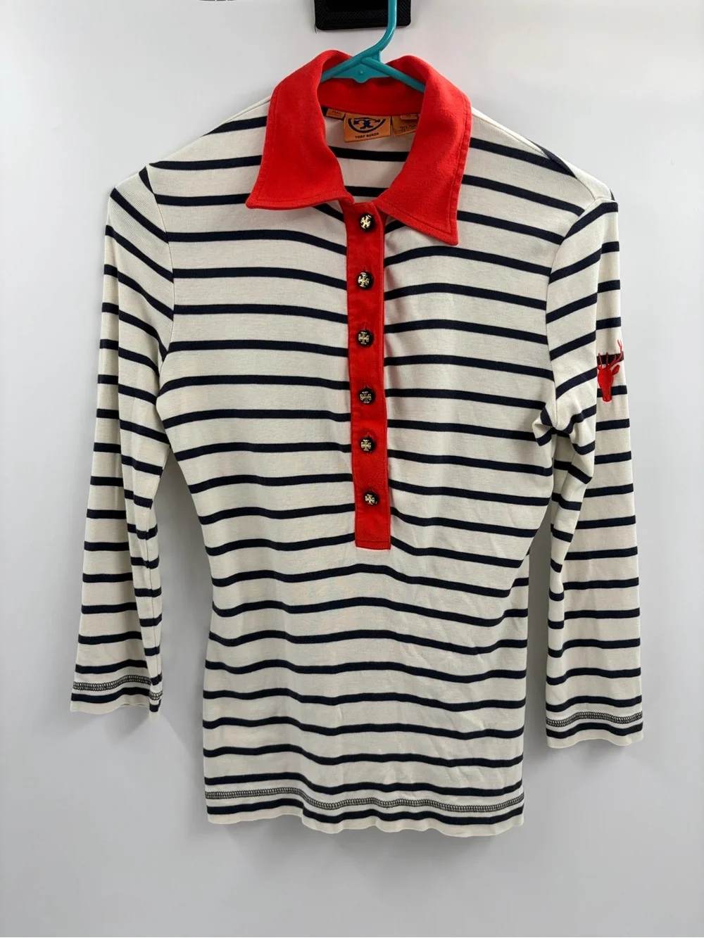 Tory burch polo long sleeve stripped orange pima cotton button up shirt size xs